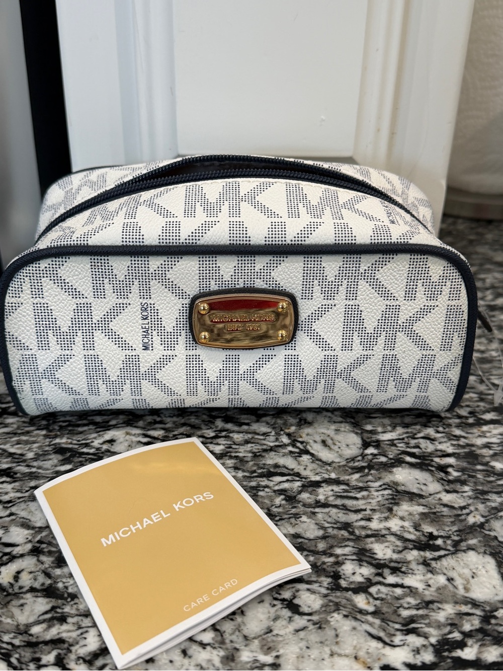 Michael Kors Signature Logo Makeup Cosmetic Bag Vanilla Navy Gold